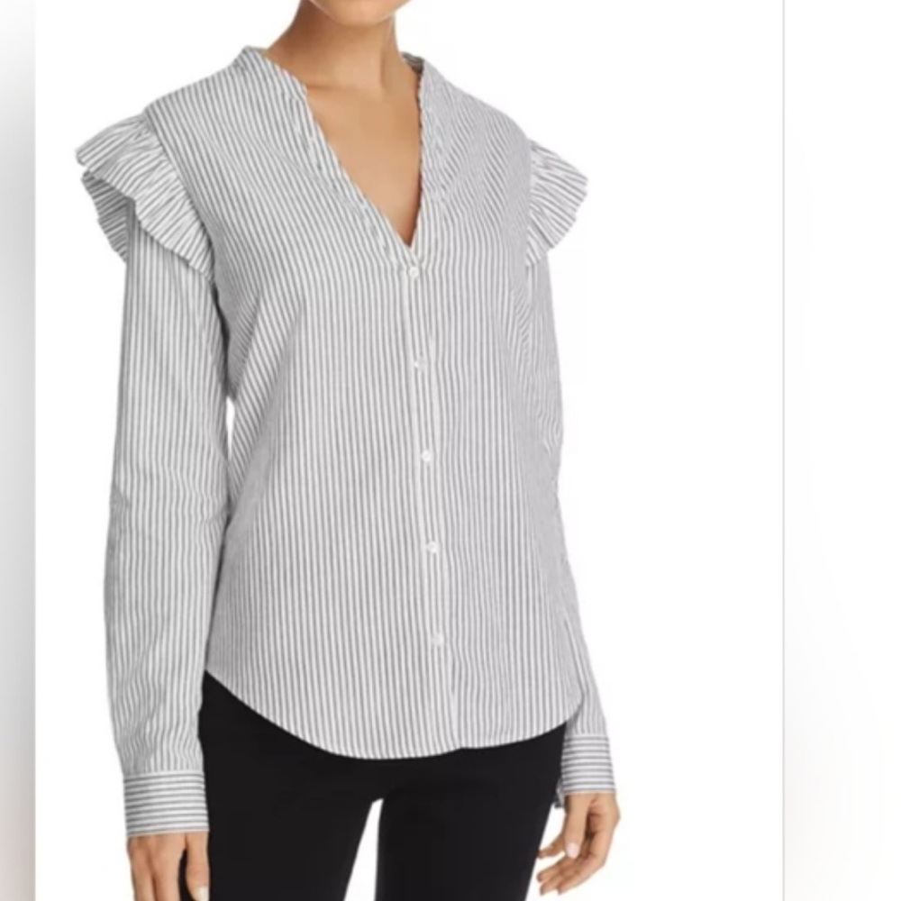 PAIGE Janelle Ruffle Black and White Striped Button Down Top